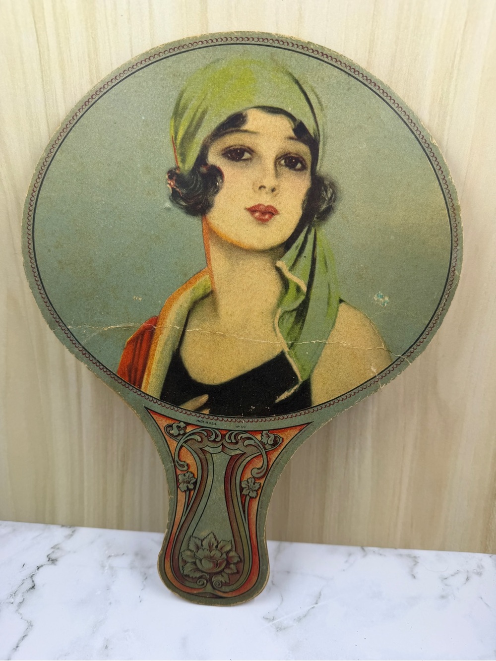 Vintage 1920s Art Deco Flapper Girl Cardboard Advertising Hand Fan CB Slusser PA